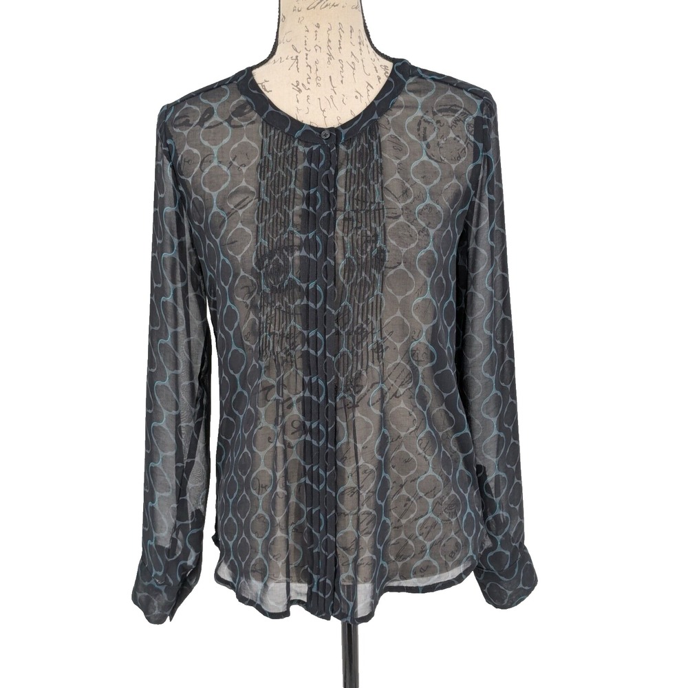 Banana Republic Blouse S Navy Aqua Geometric Sheer Pin Tucks Down Front Cocktail